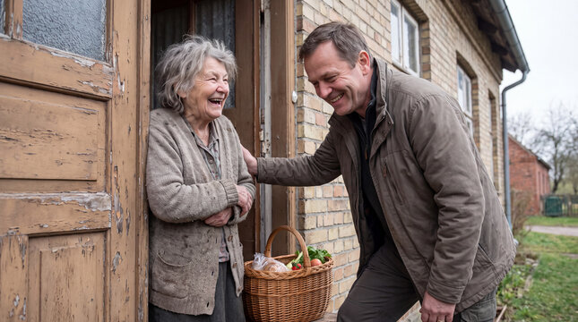 Neighbor delivering grocery basket to elderly woman at rustic farmhouse door