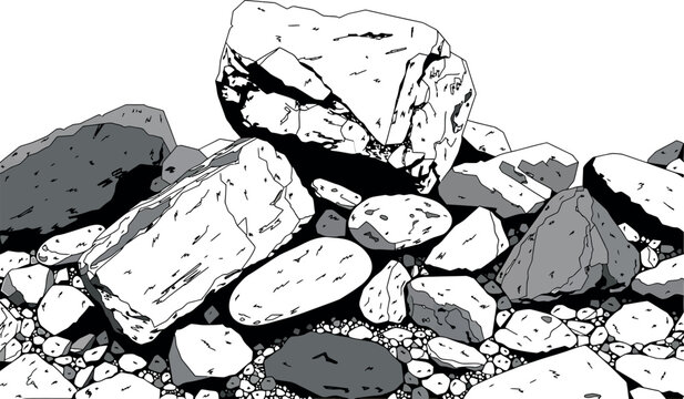 Pile of varied rocks and pebbles on a white background during daylight with a stark graphic style