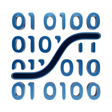 Blue binary code icon featuring a flowing data stream pattern, representing software development, programming, and digital information on a dark background isolated on a transparent background