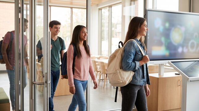 Diverse Group of Students Entering Modern School Building or Library