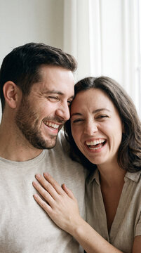 Tender couple laughing closely together with hand on heart by window light
