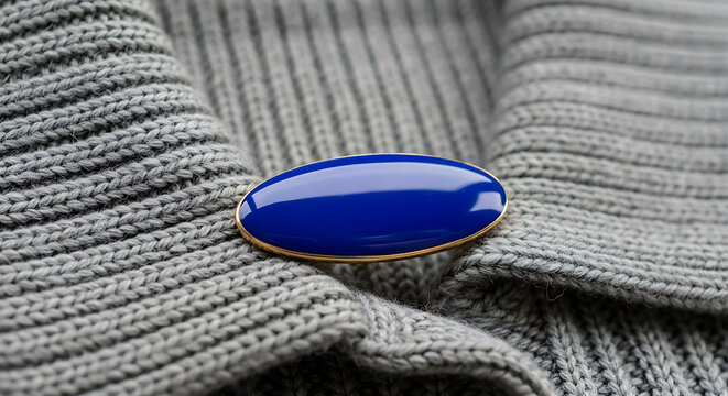 Blue oval button mockup on knitted fabric texture, blank spaces for text mockup, blank spaces for text