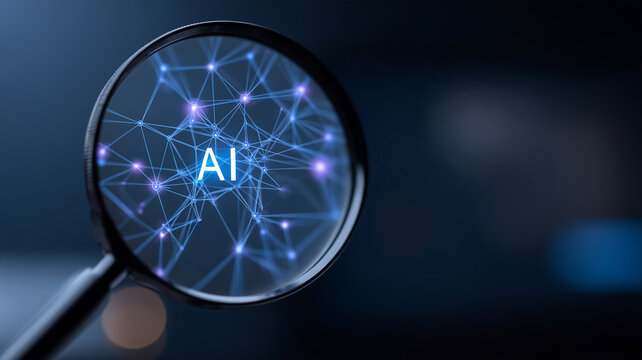 A magnifying glass focused on an AI network represents artificial intelligence analysis and advanced machine learning research.

