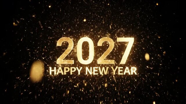 2027 HAPPY NEW YEAR text appearing from a fast firework burst with falling golden sparks, for holiday event title cards