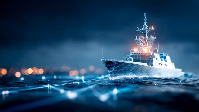 A digital warship navigates across a connected ocean surface to represent naval technology maritime defense and advanced military surveillance.

