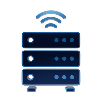 A blue 3D server rack icon with a wireless signal symbol above it, representing cloud storage, networking, and data center connectivity isolated on a transparent background