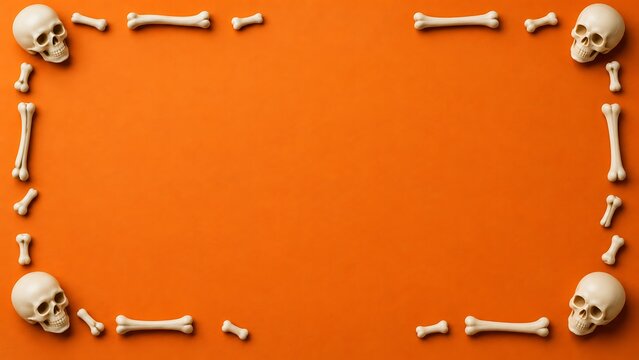 Human skulls and bones arranged as a decorative frame on a vibrant orange background for halloween celebration