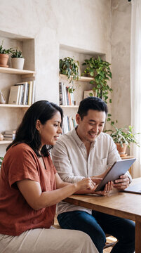 Smiling couple reviewing tablet together surrounded by houseplants at home