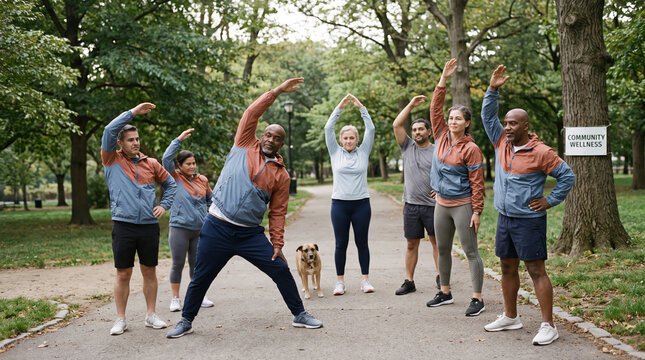 Diverse community wellness group stretching together with dog in sunny park