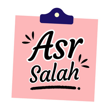 Asr Salah Islamic Prayer Reminder Pink Sticky Note Paper with Clip, Muslim Namaz Worship Typography Isolated Vector on Transparent Background