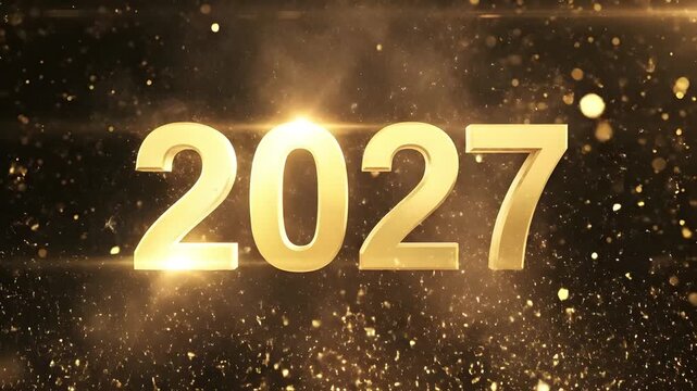 2027 gold metallic numbers revealed by a bright spark explosion and flying golden dust particles on dark background for digital invitation cards