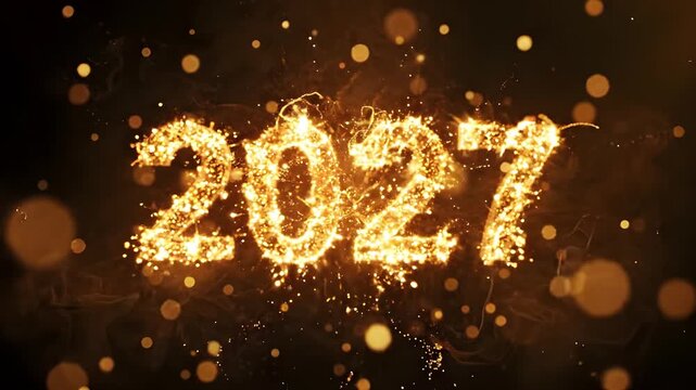 2027 burning sparkler numbers created from a bright central spark explosion surrounded by warm golden bokeh circles on dark background