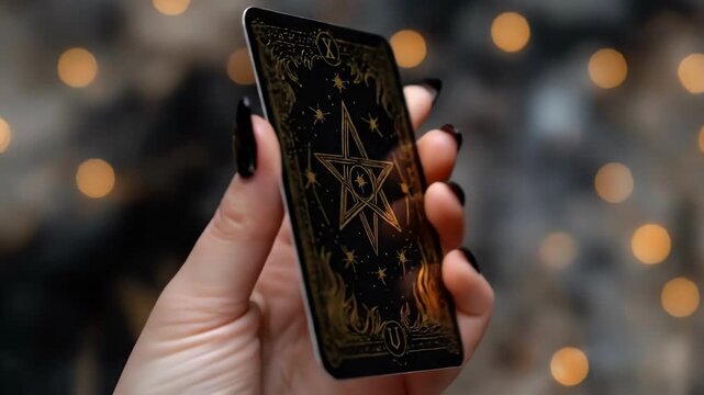 Close-up of tarot card with pentagram design held by woman. The concept of mysticism, astrology, fortune-telling, shamanism, tarot, seers, clairvoyants