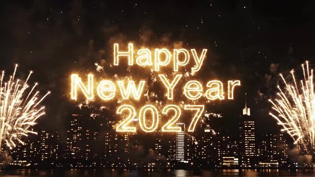 Happy New Year 2027 written in glowing yellow outlines over a dark city skyline with massive exploding fireworks and water reflections