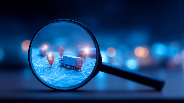 A magnifying glass focuses on a delivery truck and location pins across a map to represent logistics tracking route planning and supply chain visibility.
