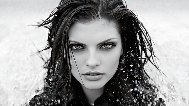 Woman with long dark hair in a dramatic pose