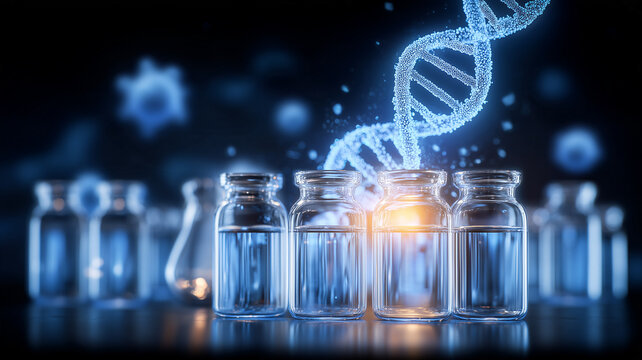 A DNA helix rising above laboratory vials represents genetic research molecular biology and advanced biotechnology development.
