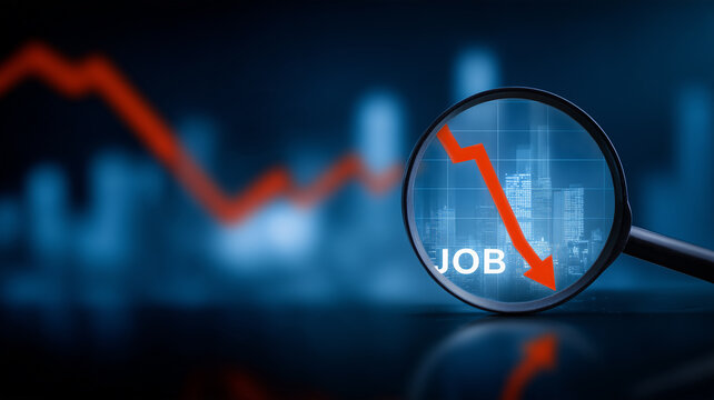 A magnifying glass focused on the word JOB and a falling graph represents employment decline and labor market uncertainty.
