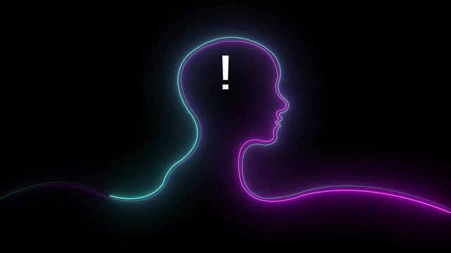 Glowing neon line Human head with question mark icon on black background. Neon glowing question mark with man head icon. Neon Exclamation Mark icon. 4k video.