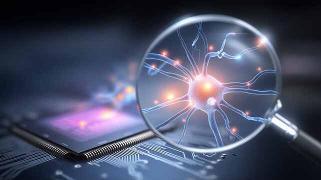 A magnifying glass focused on a neuron above a microchip represents neural research neurotechnology and advanced computing.
