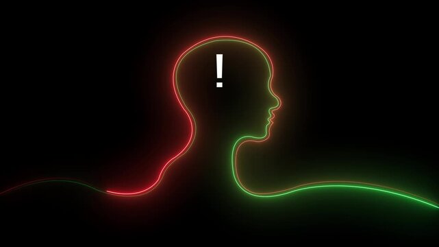 Glowing neon line Human head with question mark icon on black background. Neon glowing question mark with man head icon. Neon Exclamation Mark icon. 4k video.