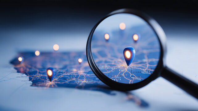 A magnifying glass focused on location pins across a map represents geographic search navigation and destination planning.
