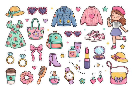 Set of cute fashion stickers featuring girl&rsquo;s clothes and accessories. Concept of playful girly style and everyday fashion. PNG