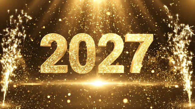 2027 sparkling gold text standing on a bright stage illuminated by overhead light rays and side sparkler fountains shooting up