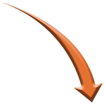 Orange curved arrow pointing down, 3D downward trend and financial decrease vector symbol for business drop concept