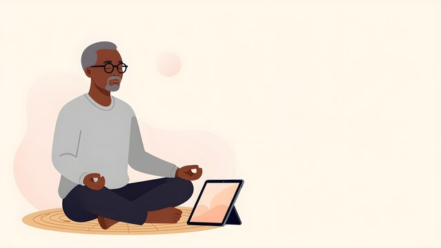 Black senior man meditating with a tablet flat vector illustration