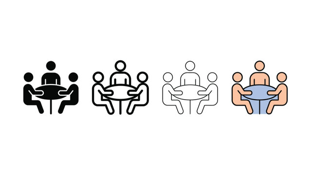 Set of four different styles of business meeting icons showing people sitting around a round table