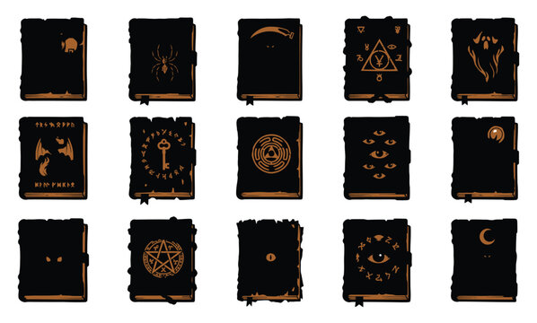 Collection of magical occult books with esoteric symbols and celestial illustrations occult book magic grimoire celestial illustration mystical book spell book