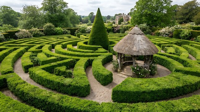 Green hedge maze with a central gazebo in a beautiful summer garden