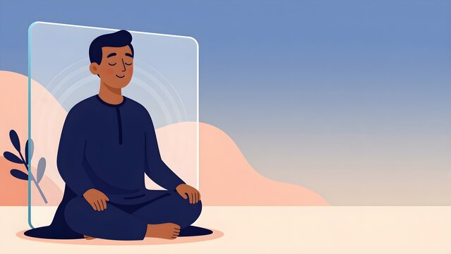 Indian man meditating in lotus pose with eyes closed flat vector illustration
