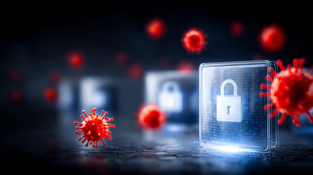 A digital padlock surrounded by virus particles represents malware protection cybersecurity threats and defense against malicious software attacks.
