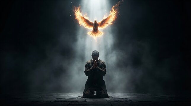 Man kneeling in prayer with a glowing fire bird flying above in dark room