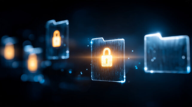 Digital folders displaying padlock symbols represent secure file storage protected documents and controlled access to sensitive information.
