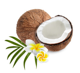 Fresh coconuts, plumeria flowers and green palm leaf isolated on white © New Africa