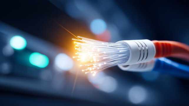 Exposed fiber optic strands inside network cables represent high speed data transmission broadband connectivity and modern telecommunications infrastructure.
