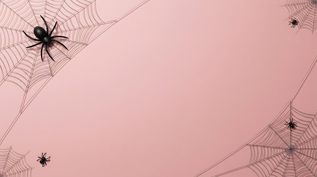 Small black spiders crawling on a pink background with spider webs for halloween decoration