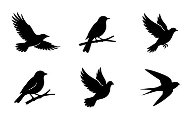 Fototapeta premium Black Bird Silhouettes: Flying, Perched, and Dove Vector Icons for Nature and Freedom Themes