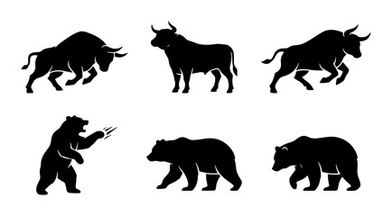 Fototapeta premium Bull and Bear Silhouettes, Stock Market Symbols, Financial Trading Icons, Investment Concepts Vector Set