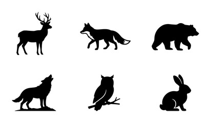 Fototapeta premium Forest Wildlife Silhouettes: Deer, Fox, Bear, Wolf, Owl, Rabbit Icons Set