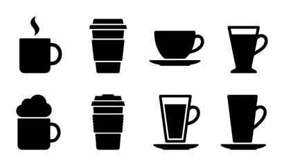 Fototapeta premium Coffee Cup Icons Set, Hot Beverage Mugs and Takeaway Cups, Black Silhouette Graphics for Cafes