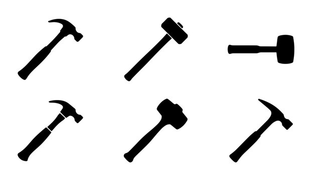 Hammer Icons Set, Tool Collection Vector Graphics, Construction Equipment Silhouettes for DIY and Repair