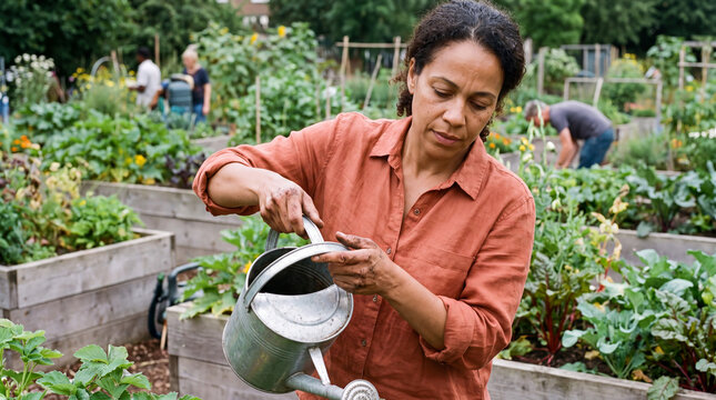 Focused woman watering vegetable beds in busy allotment community garden plot