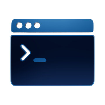 Blue glossy browser window icon featuring a command line prompt symbol, representing terminal access or software development, isolated on a white background isolated on a transparent background
