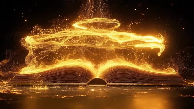 Enchanted glowing book with magical sparks in dark atmosphere. The concept of mysticism, rituals, astrology, fortune-telling, shamanism, tarot, seers, clairvoyants