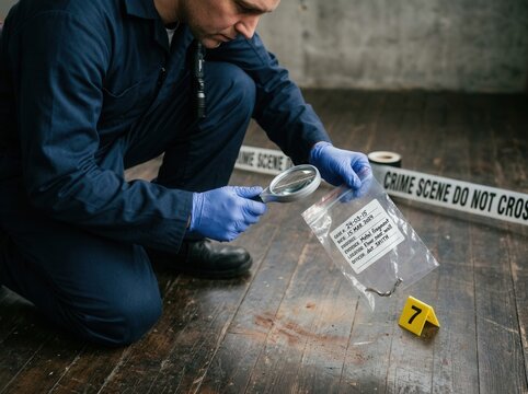 Forensic Investigator Examining Evidence At A Crime Scene