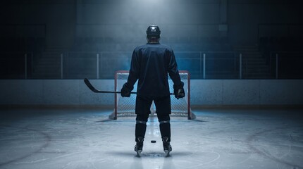 Fototapeta premium A hockey player stands on an ice rink facing a goal net, holding a stick. Concept of sports, competition, and determination, ideal for sports advertising and inspirational materials. Generative AI.